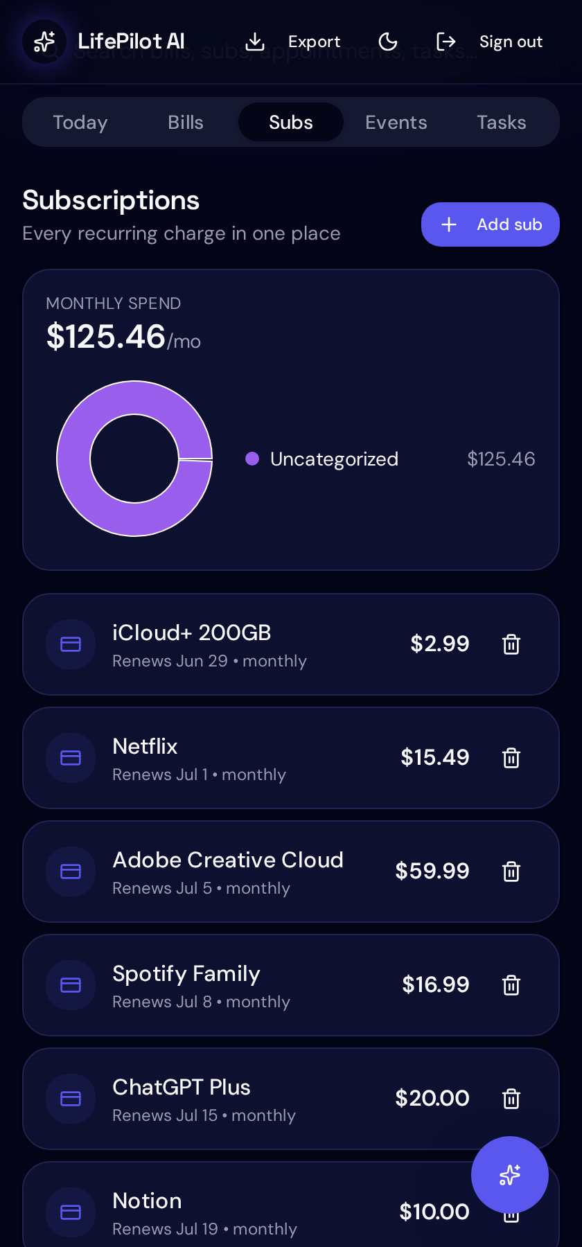 Subscriptions screen