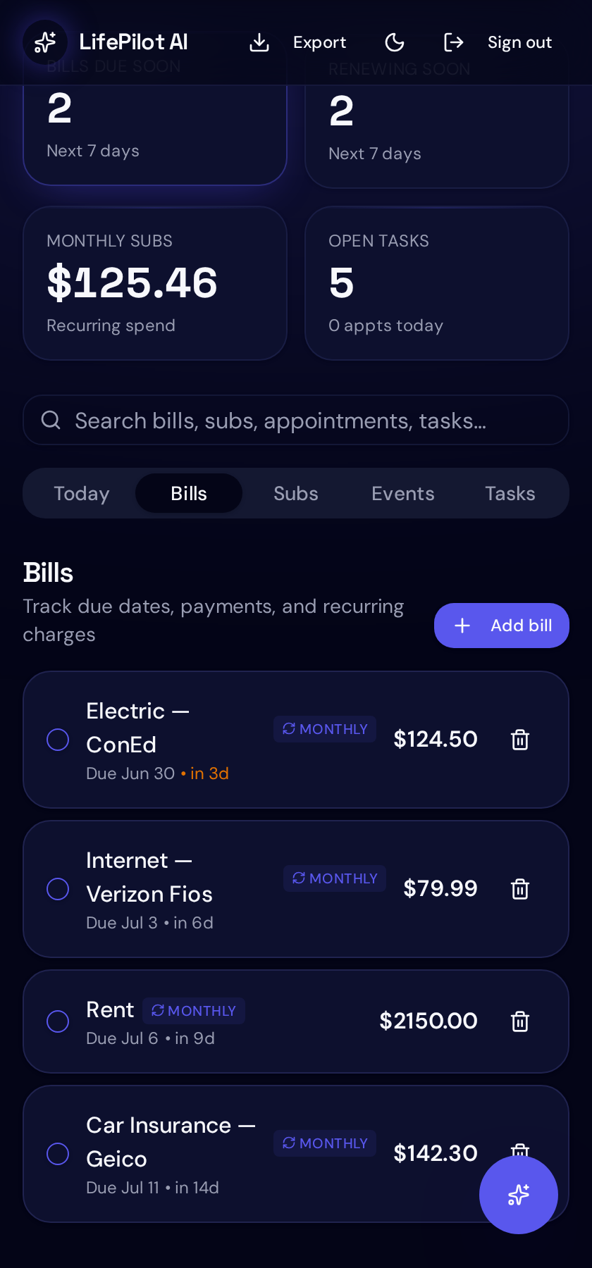 Bill reminders screen
