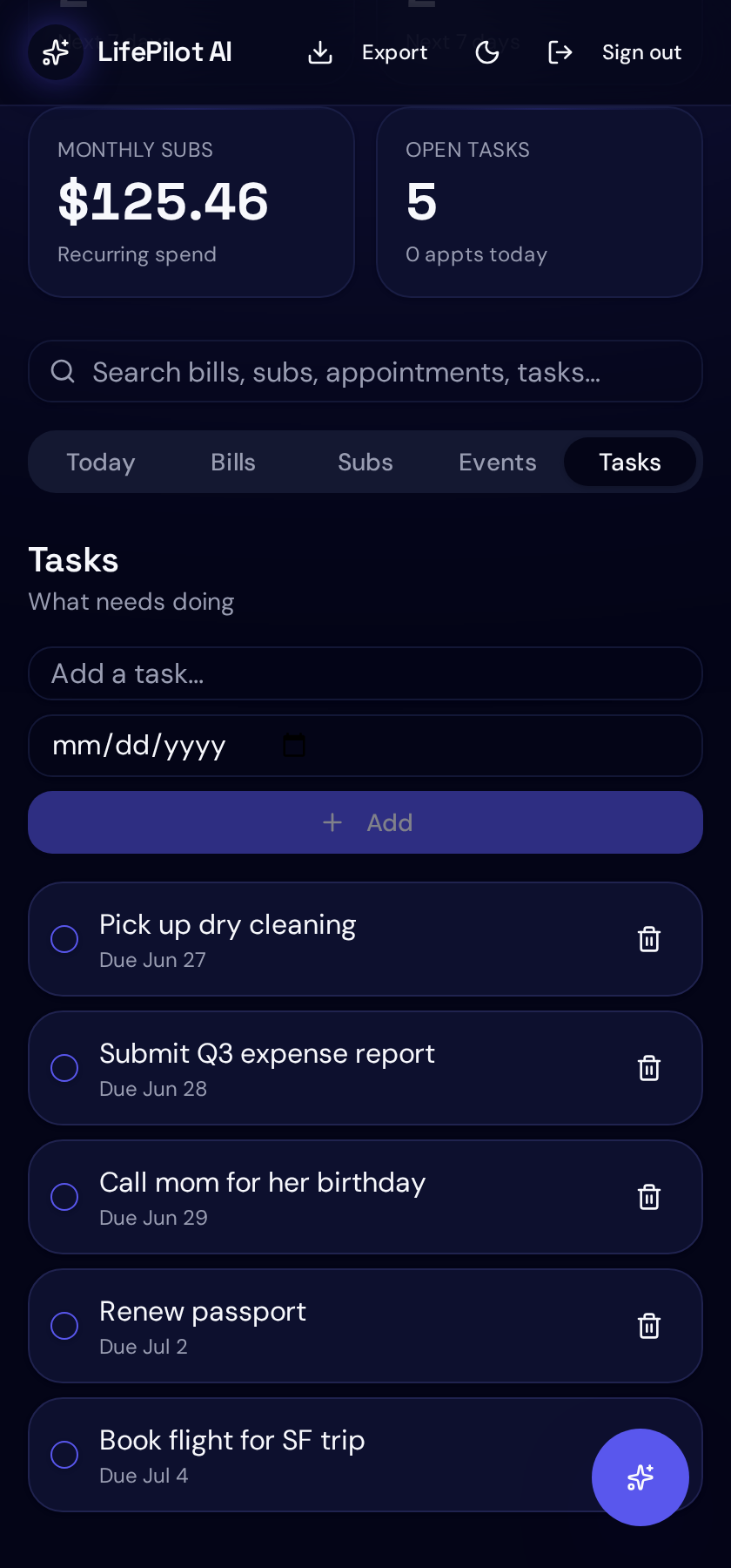Tasks & schedule screen