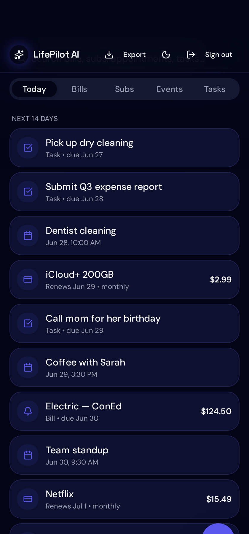 LifePilot daily briefing screen